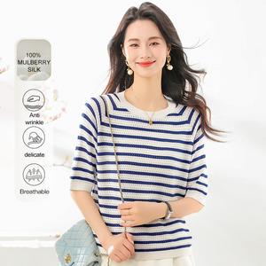 MuMeng [100% Mulberry Silk] Striped Hollowed-Out Shirts Knitted Women's T-Shirt Breathable Anti-Wrinkle Delicate for Summer5189
