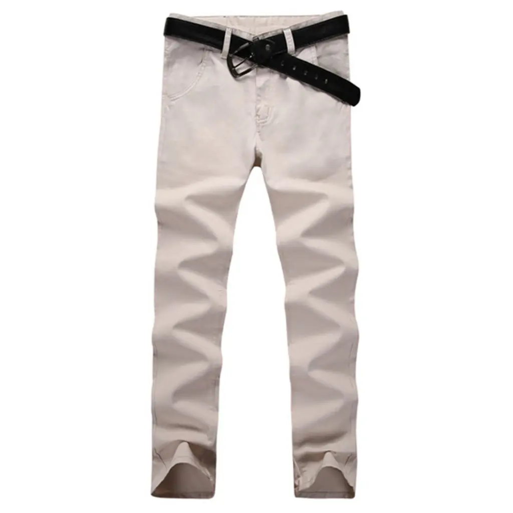 Diannao Men Solid Color Button Cotton Straight Long Pants Pockets Business Trousers