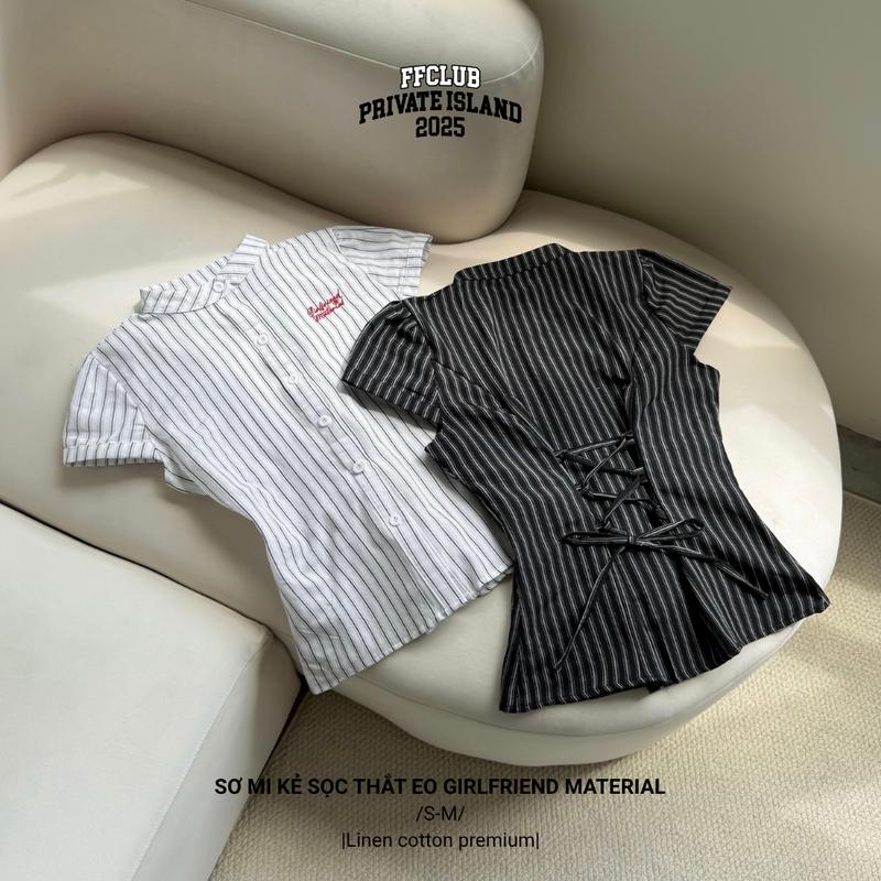 CÓ TÁCH SET ÁO SƠ MI LINEN LOGO THÊU GIRL FRIEND & QUẦN BÍ NGÔ LINEN KẺ SỌC - FRIENDS FOREVER CHÍNH HÃNG