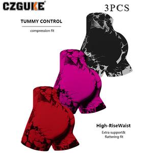 CZGUKE conjunto de 3 pzas para mujer: pantalones de fitness sin costuras con tie-dye, shorts deportivos ajustados de cintura alta con efecto realce de cadera, shorts de yoga sexys con forma de melocotón para correr