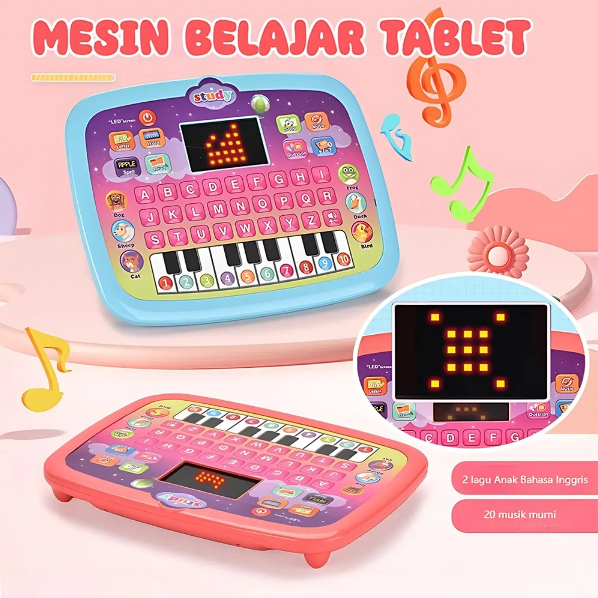 Paket Tablet Belajar Anak 2-in-1: Alat Musik Piano & Pelajaran Kosakata Bahasa Inggris, Mainan Interaktif untuk Bayi dengan Flash Card dan Pengembangan Otak