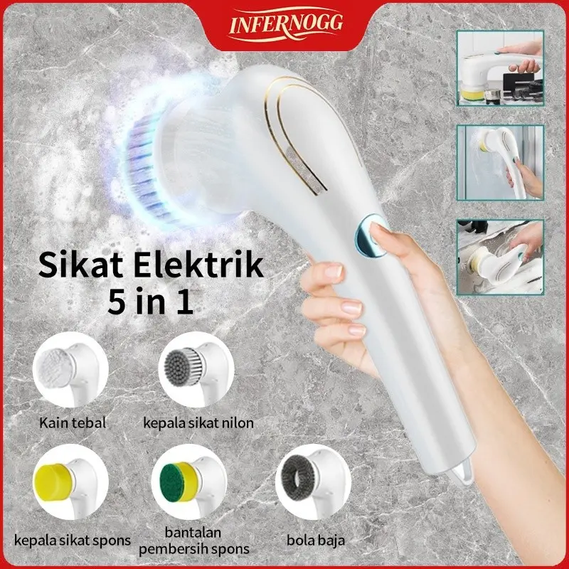 INFERNOGG Sikat Elektrik 5 in 1 Handheld Sikat Kamar Mandi Rotasi Cerdas 360° Derajat Kebisingan Rendah Tahan Air IPX7 Wastafel Dapur Cleaning Brush