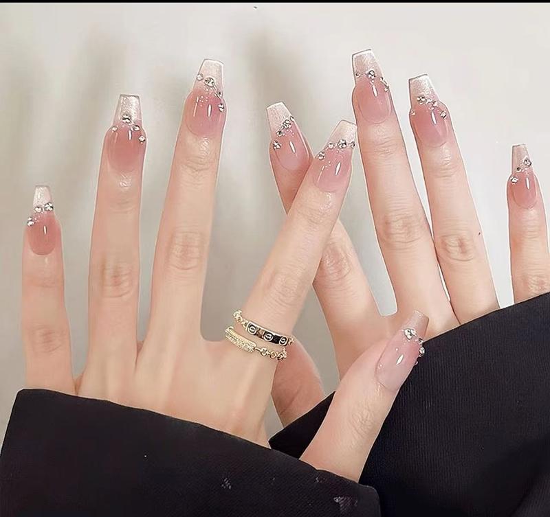 Mã B003 Nail Box Móng Tay Giả Móng Dài Màu Thạch Hồng Đính Đá Kết Hợp Mắt Mèo Có Thể Tháo Rời Tái Sử Dụng