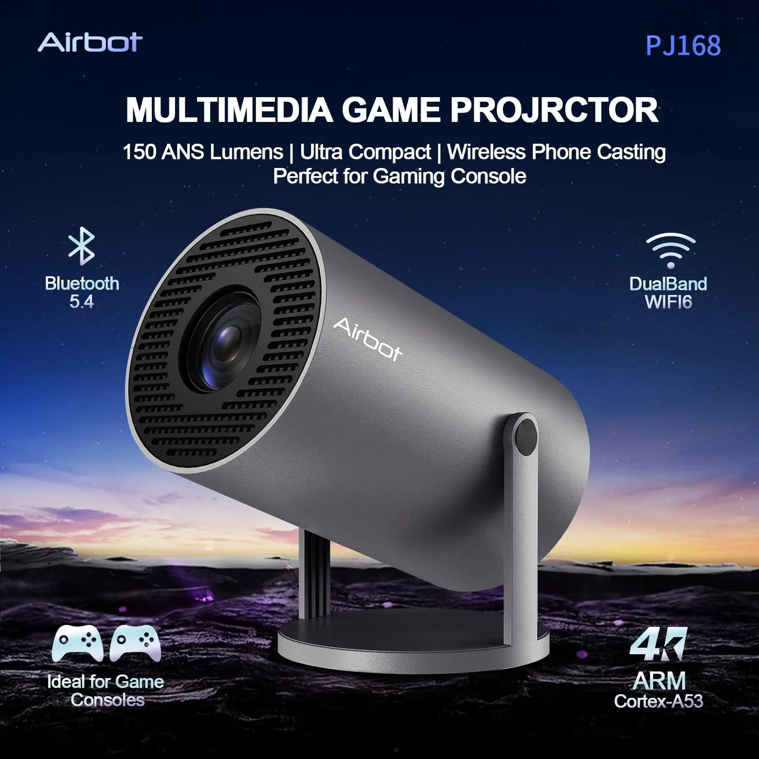 Airbot Multimedia Projector PJ168 | Wireless Mini Projector Portable HD 1080P 4K Support Gaming