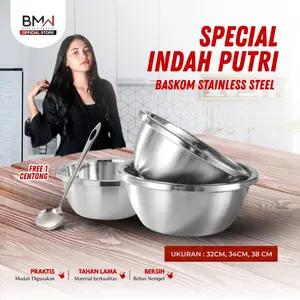Spesial Indah Putri - 3 PCS Baskom Premium SUS 316 Ukuran 32, 34, 38CM Free 1 Pcs Centong Baskom Premium Masak Baskom Cuci Sayur Buah