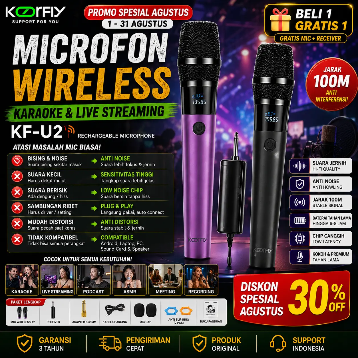 Koorfly KF-U2 Mikrofon Wireless UHF Digital | Anti Noise Suara Jernih | Tanpa Delay | Jarak 30M | Baterai 15 Jam | Karaoke, Live Streaming, Podcast & Meeting | Promo Agustus