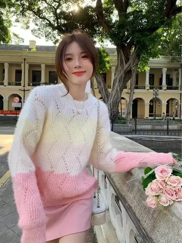 Sweater Rajut Wanita Rainbow Pelangi Lengan Panjang Pullover Leher Bulat Korea 8