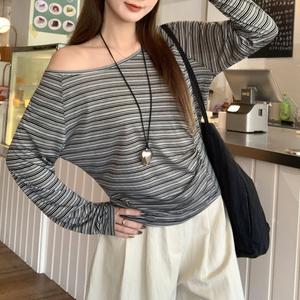 Korean Style New Asymmetrical Shoulder Striped Colorblock Long Sleeve T-Shirt, Fall Fashion Casual Fit Top for Women 3271# Fitted