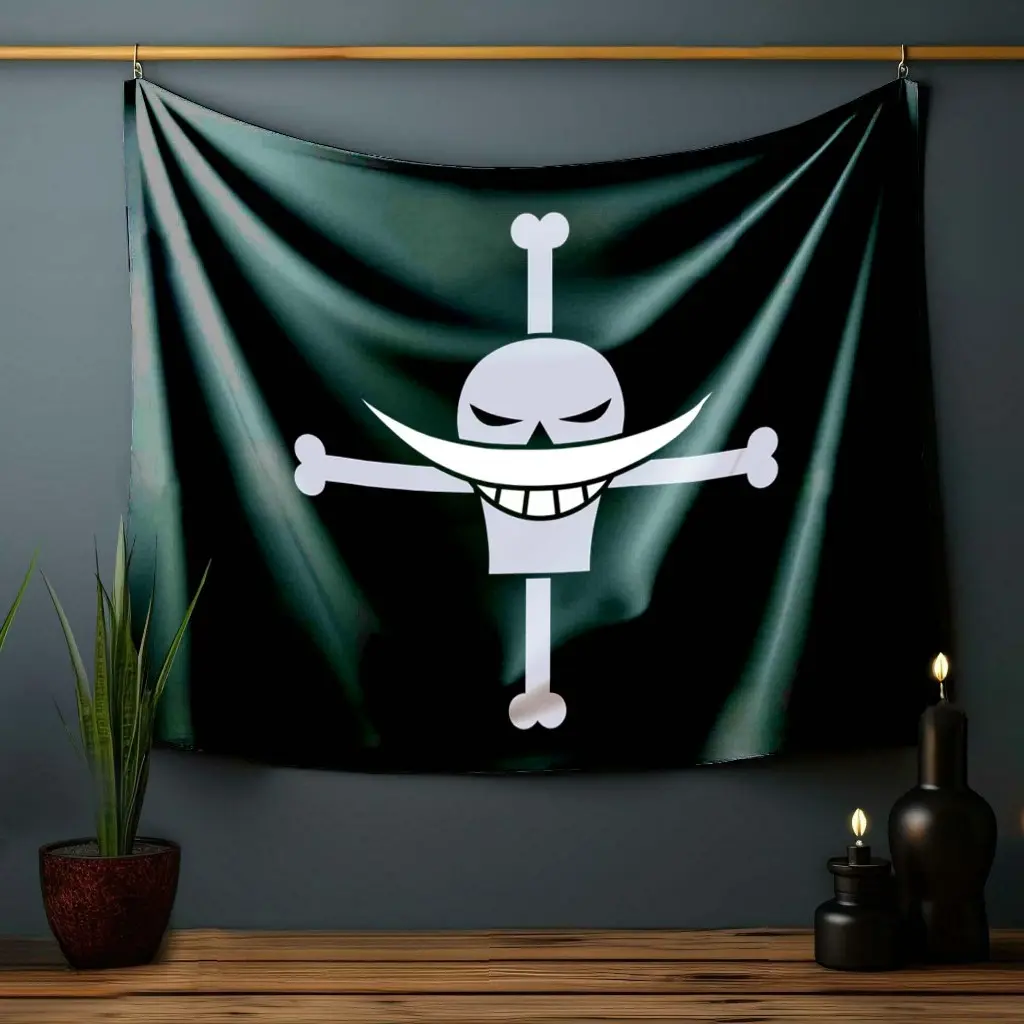 Bendera Whitebeard One Piece Jolly Roger Flag Wall Decor Poster Kain Pajangan Dinding Bahan Satin Peles Ukuran Kecil-Besar