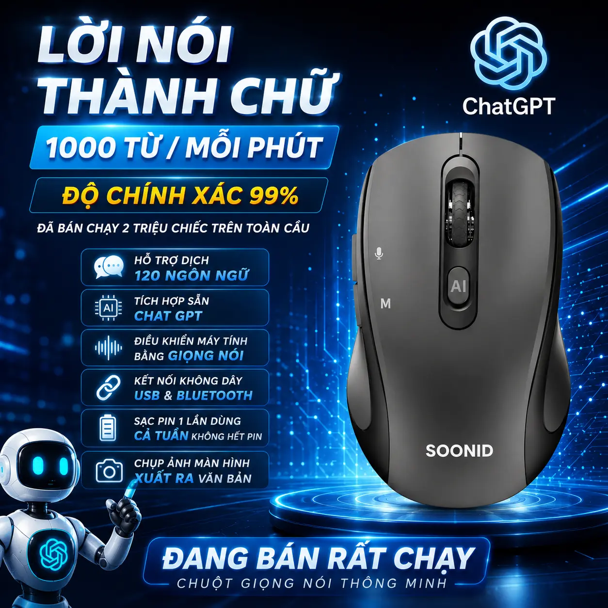 Chuột SOONID AI PLUS, Nói Ra Chữ, Chuyển Giọng Nói Thành Văn Bản, Sạc Pin, Chat GPT, Phiên Dịch, Có AI Thông Minh, Không Dây, Bluetooh