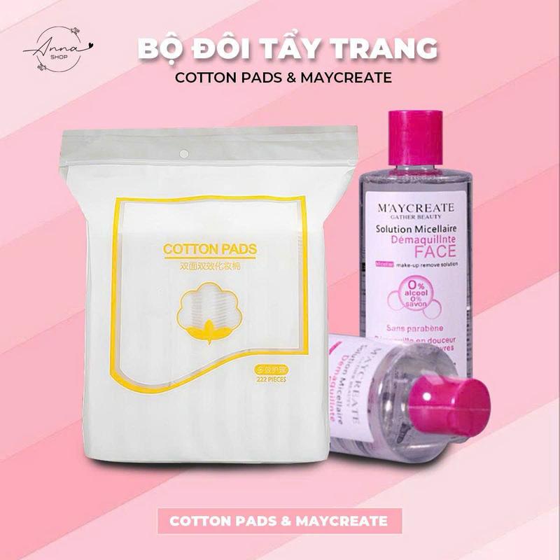 [ Bộ Đôi Tẩy Trang ] Combo 01 Nước Tẩy Trang Maycreate 300ml + 01 Bông Tẩy Trang FM Cotton Pads 222 Miếng Cao Cấp - Mỹ Phẩm Trang Điểm Tiện Lợi