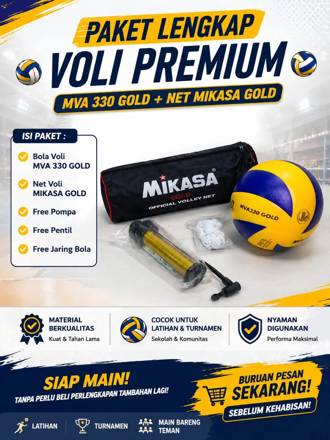 Mikasa Paket Komplit Bola Volly MVA 330 Gold - Bola Voli Super Empuk & Tahan Air Size 5 untuk Latihan & Turnamen - Olahraga, Ball