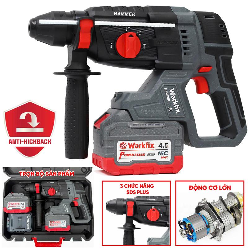 Chống Lật Cổ Tay Máy Khoan Đục Bê Tông 3 Chức Năng Workfix WF-RH2603CP - Lực Đập 2,9J - 2 Pin 21V 4.5Ah Xả 15C Động Cơ Từ Lõi Đồng - Bảo Hành Chính Hãng 6 Tháng