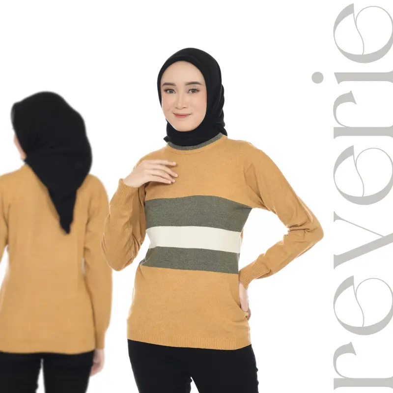 REVERIE - Cyra Blouse Knit - Warna Coklat Hijau Putih - All Size 46cm Strech to 60cm  | Atasan Rajut Wanita | Sweater Rajut Wanita | Baju Rajut Wanita | Atasan yg Rajut Casual | Knit Stripe | Knit Top 0