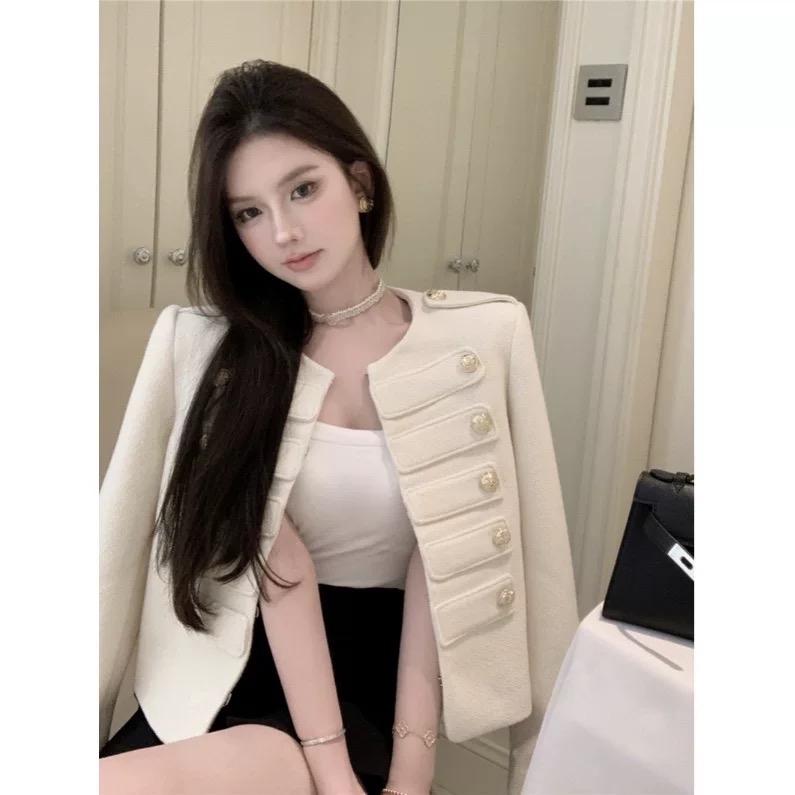 LAH áo dạ  trắng phối cúc đồng Top womenphong cách hoàng gia Hàng Quảng Châu