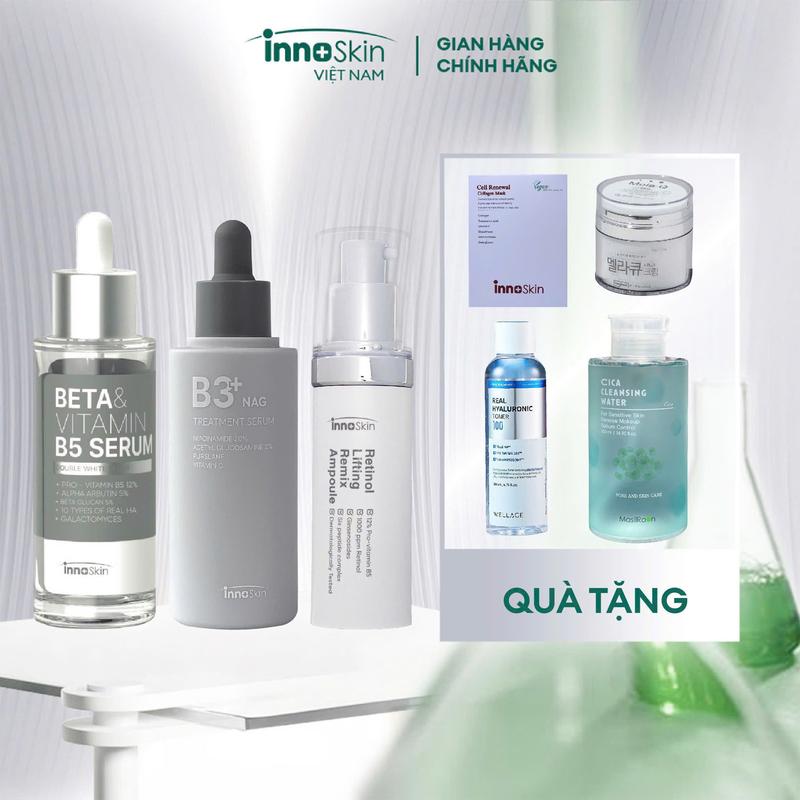 CR DDD F30 - 1 chai serum beta B5 màu xám+ 1 Serum B3 NAG + 1 retinol xám Tặng 1 hộp mask Innoskin 5 miếng hộp + 1 kem chống nắng Innoskin bản xám + toner HA Wellage + 1 tẩy trang Mirenal Masilraon