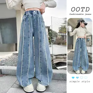 Celana baggy Jeans Anak Perempuan 3-10 Wide Leg Desain Frayed Stylish/ Efek Langsing/ Bahan Twill Import