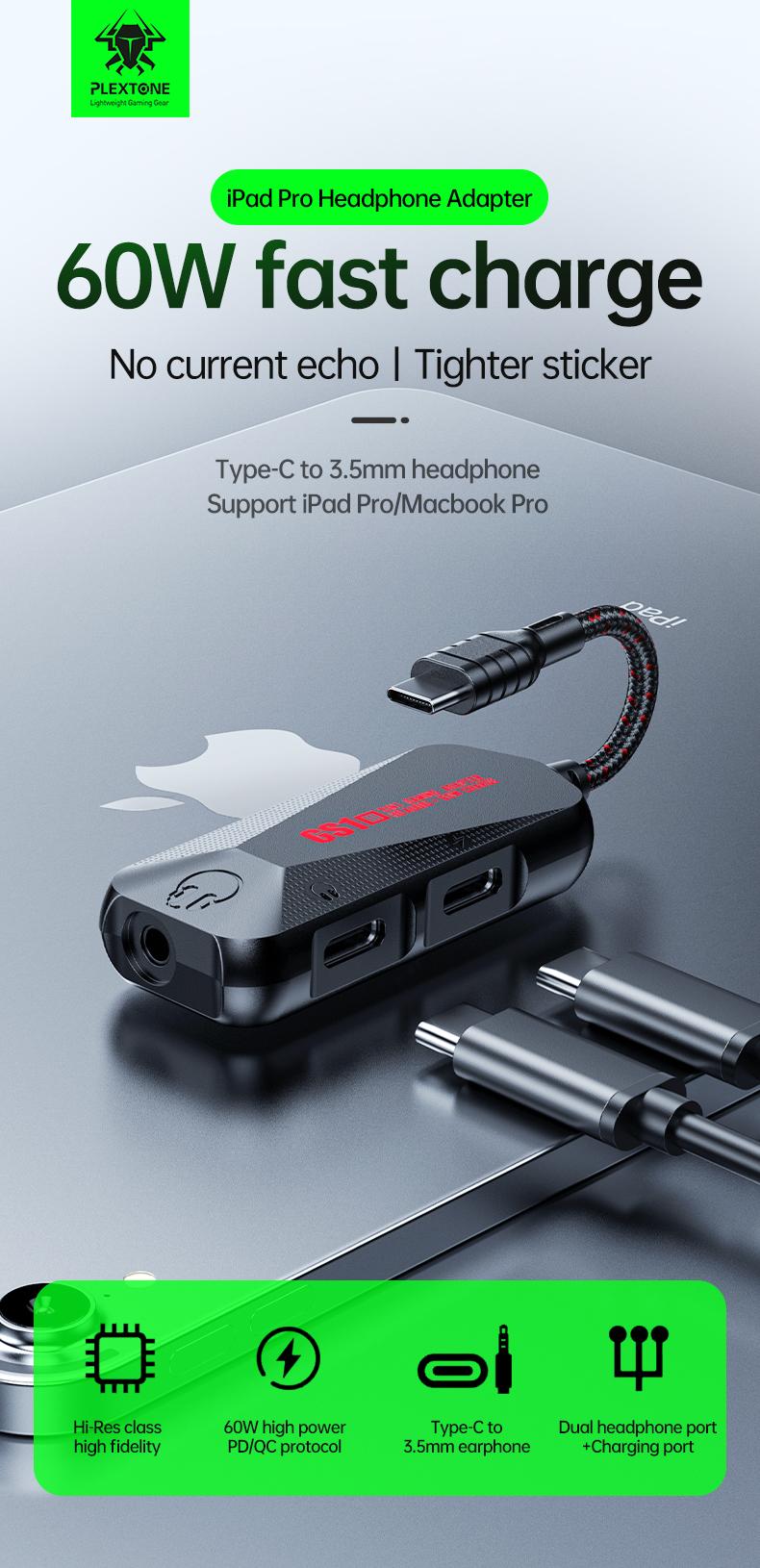 Product Introduction of PLEXTONE GS1 60W fast charging Typec adapter suitable for Huawei Xiaomi Apple tablet iPadPro 3-in-1 audio connection with 3.5mm round hole interface USB headphone adapter 0