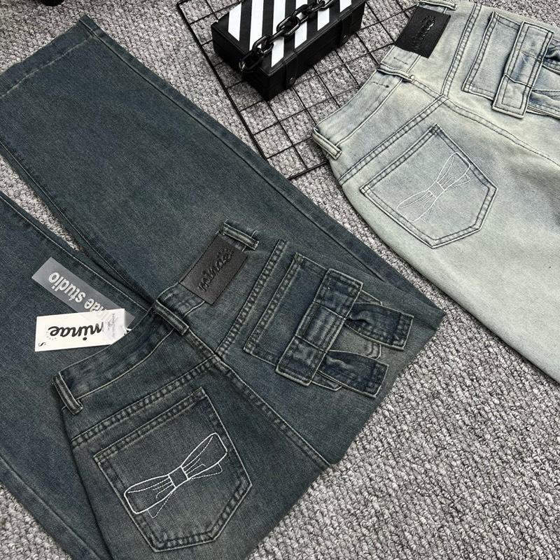 (MINAE STUDIO) Quần Jean Ống Suông Nữ Phối Túi Sau Thêu Túi Đắp Nơ Lai Bản To Vải Dày Mềm Mịn