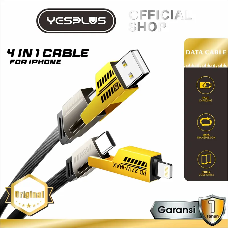 YESPLUS Kabel Data Multi fungsi YS-899 4-1 Berbahan Besi Pengisian Cepat 65 Watt USB C USB A Ponsel Lighting Panjang Cable Charger
