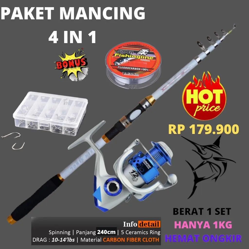 Paket Mancing Mania Siap Pakai Set Joran 240 cm Reel Gulungan Pancing SA3000 Bonus Senar 100 meter Dan kail 1 Box isi 50pcs Alat Ikan