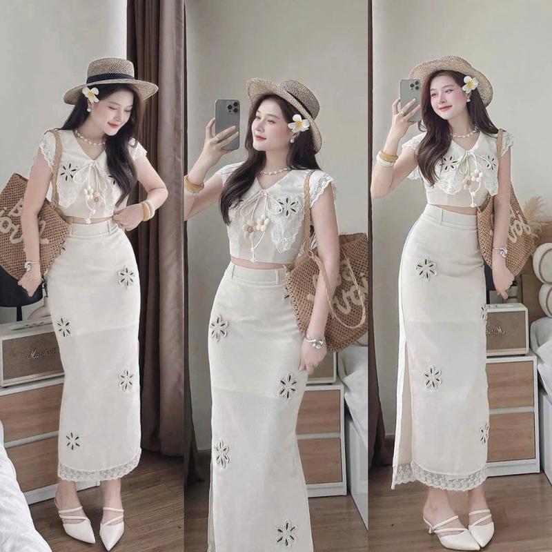 Sét váy nữ mango cổ tim tay áo mix phối viền ren dáng dài thiết kế sang trọng thích hợp size 40->55kg cho các nàng đi chơi và du lịch