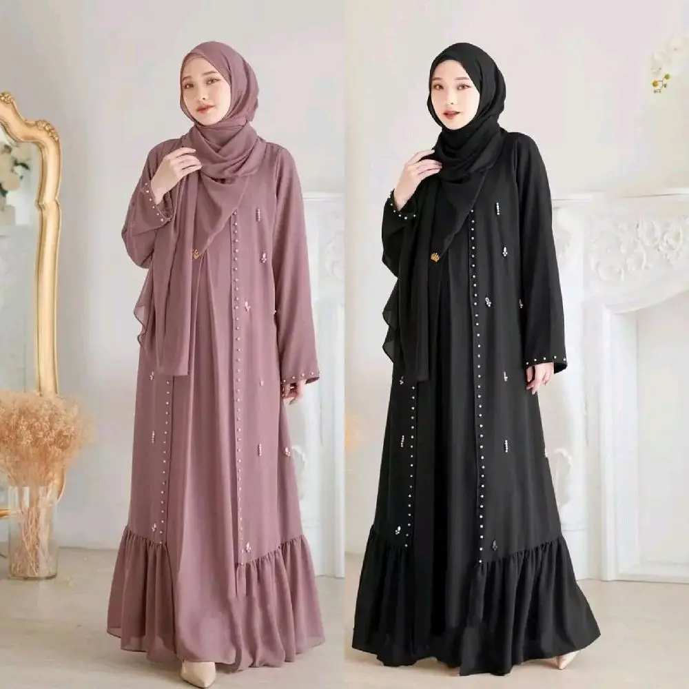 Syahira Abaya Dress Pesta Lebaran Ceruty Babydoll Aplikasi Payet Mutiara Zipper Depan Busui Gamis Wanita Muslim Remaja Dewasa Kondangan Dua Layer Lepas Pasang