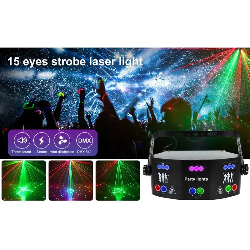 Lampu Panggung Disko Strobo LED Proyektor Beam Laser RGB DMX512 15 Eye 2