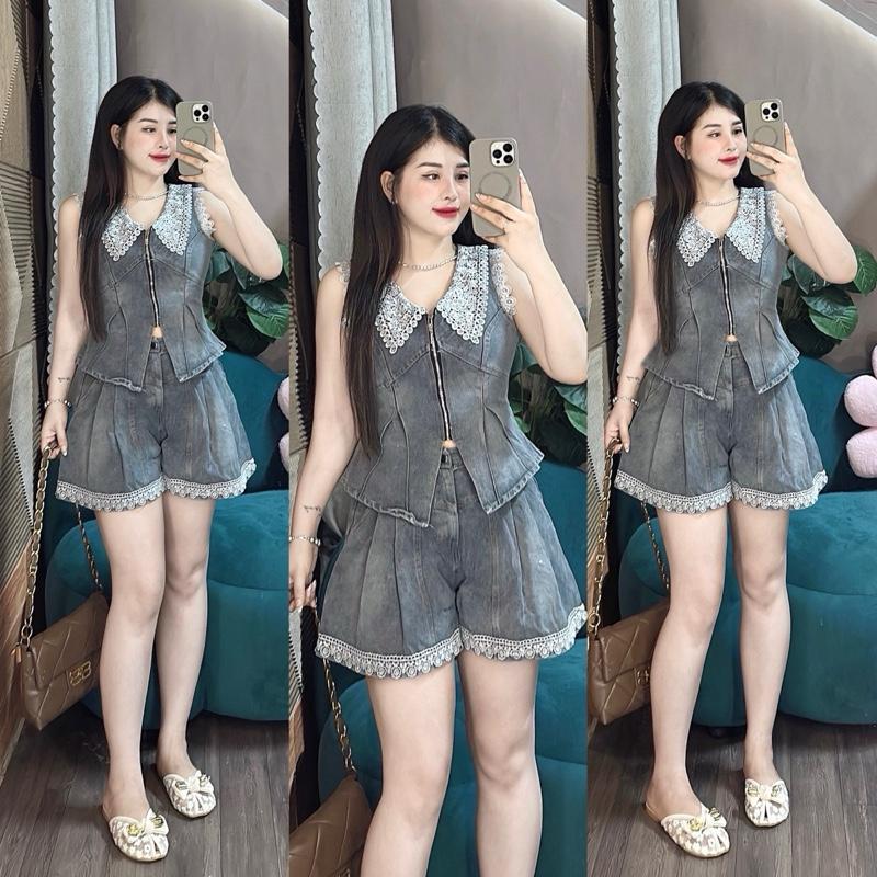 V1<88cm BỘ JEAN Wash MÀU BỤI ko giãn áocổ bẻ dáng lửng quần đùi jean lưng cao Top Women Nữ