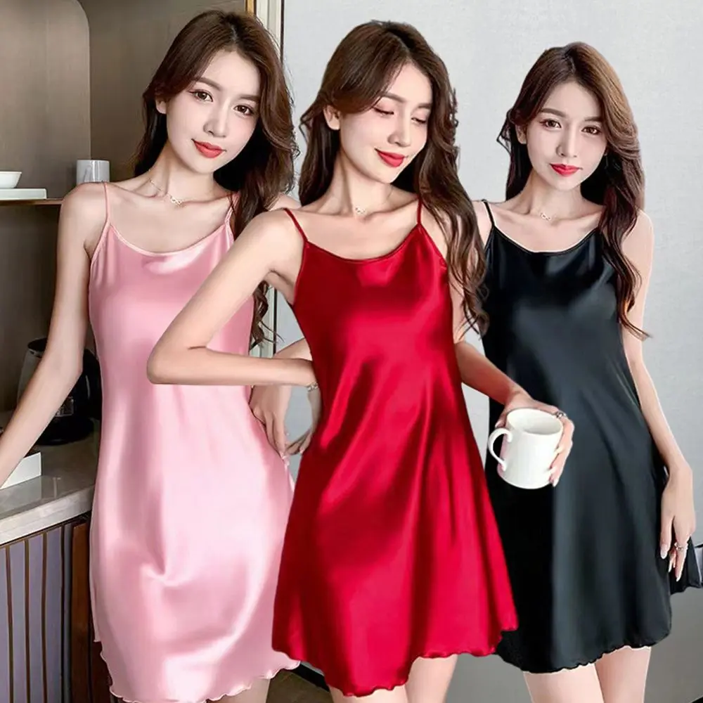 Đồ Ngủ Ngọt Ngào Cho Nữ, Đồ Mặc Nhà, Màu Trơn, Lụa Băng, Dây Treo, Váy Ngủ, Sling Khuy