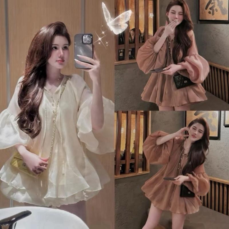   Bèo Béo Bigsize   Set Thiết Kế Thu - Đông Áo Babydoll Tơ Ánh Kim 2 Lớp Tay Bồng Cúc Ngọc Mix Quần Bí Form Bigsize 60-90Kg 