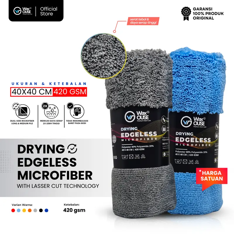 Waxouse Drying Edgeless Microfiber 420 Gsm Ukuran Besar 40x40cm - Lap Pengering Mobil Motor - Car, Kain 0