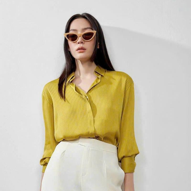 Áo Sơ Mi Lụa Tằm Kẻ Cổ Đức Tay Dài Lala Fashion Mã 1875B