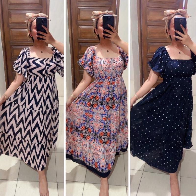 ALFAZZA BELLA DRESS MIDI WANITA RAYON VISCOSE MOTIF CASUAL BAJU