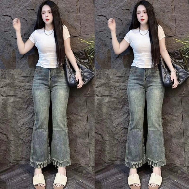 { 90cm } Quần Jeans Loe Lỡ Thêu Min Xù Lai Nhiều Màu Jeans Co Giãn Mềm Mịn