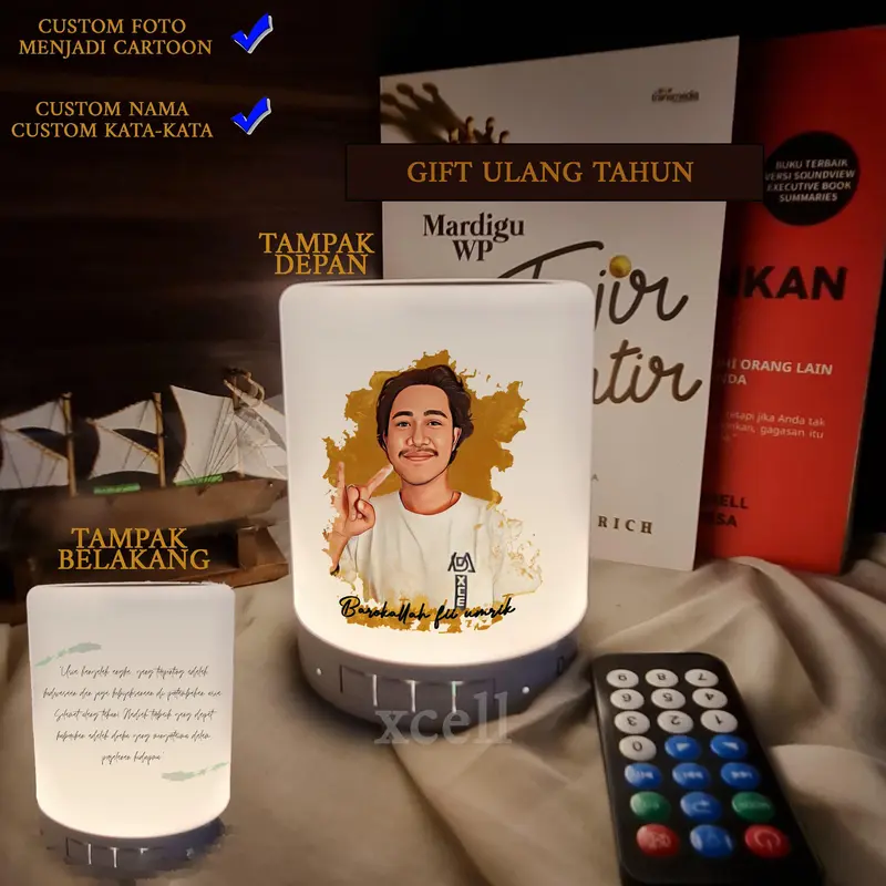 (CUSTOM FOTO CARTOON+NAMA) Speaker bluetooth + lampu LED hias tidur foto sketsa hadiah  Speakers 1