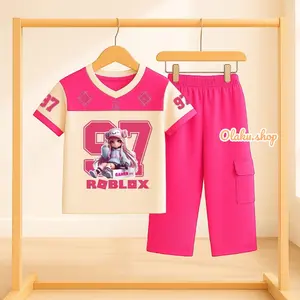 Olaku.shop SETELAN FASHION ANAK PEREMPUAN MODEL JERSEY ROBLOX USIA 3-12 TAHUN ONESET CELANA KARGO TERBARU BAHAN NYAMAN DAN LEMBUT VIRAL