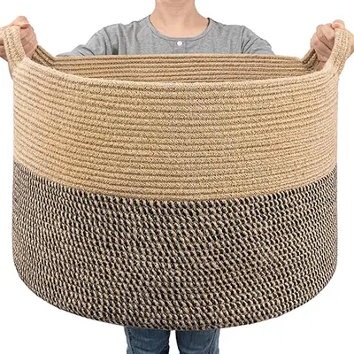 Extra Large Cotton Storage Basket (56cm x 36cm) - online Woven with Handles, Yellow/White