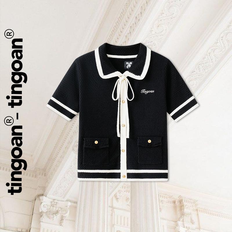 TINGOAN - Áo len đen cổ bẻ phồi viền trắng EVIE TOP/BL