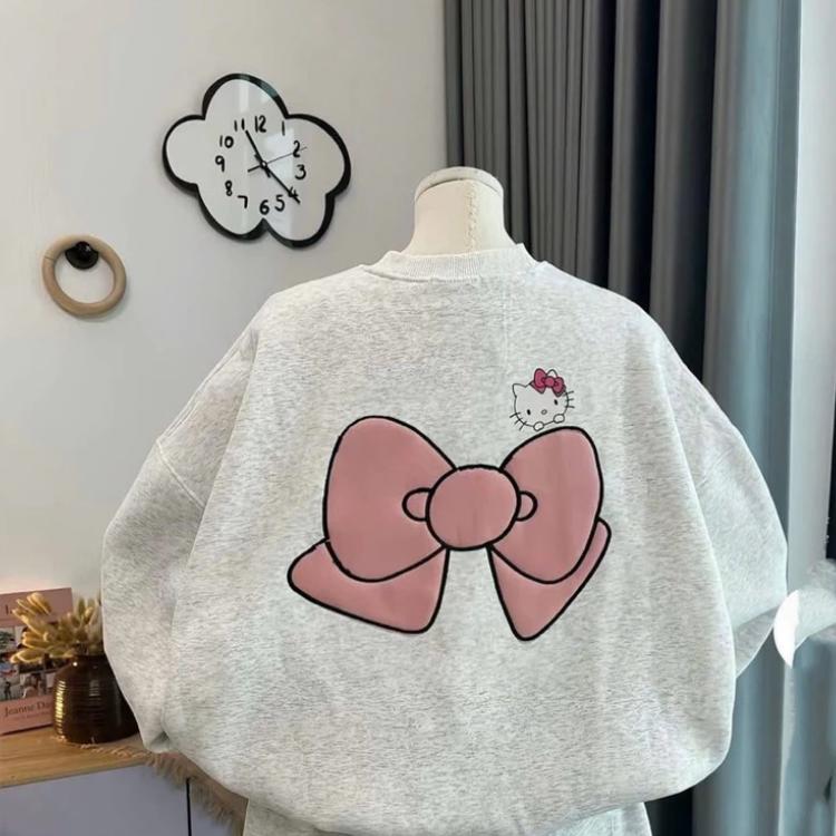 Áo Nỉ Bo Tay Sweater Nơ Hồng Hello Kitty Chất Nỉ Tàu From THụng Phong Cách unisex Basic Mới