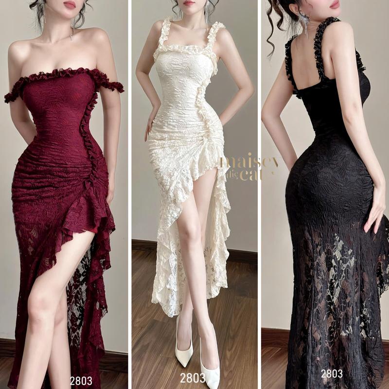   MAISEY 2803  Đầm thun ren ôm body phối bèo nhún xẻ tà – Váy dạ hội quyến rũ sang trọng đi tiệc 