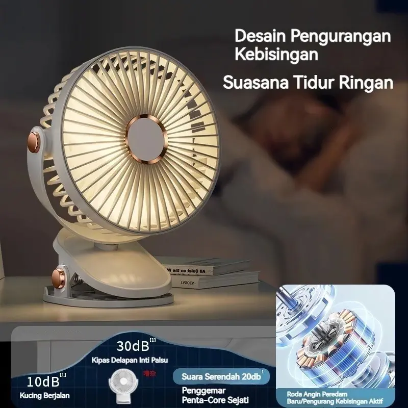 Kipas Angin Klip 30000mAh Desktop Kipas Angin Isi Ulang USB dengan Lampu Malam Bisu Kipas Angin Mini Siswa Kantor Portabel Umur Panjang Kipas Angin Clip 720° Rotating