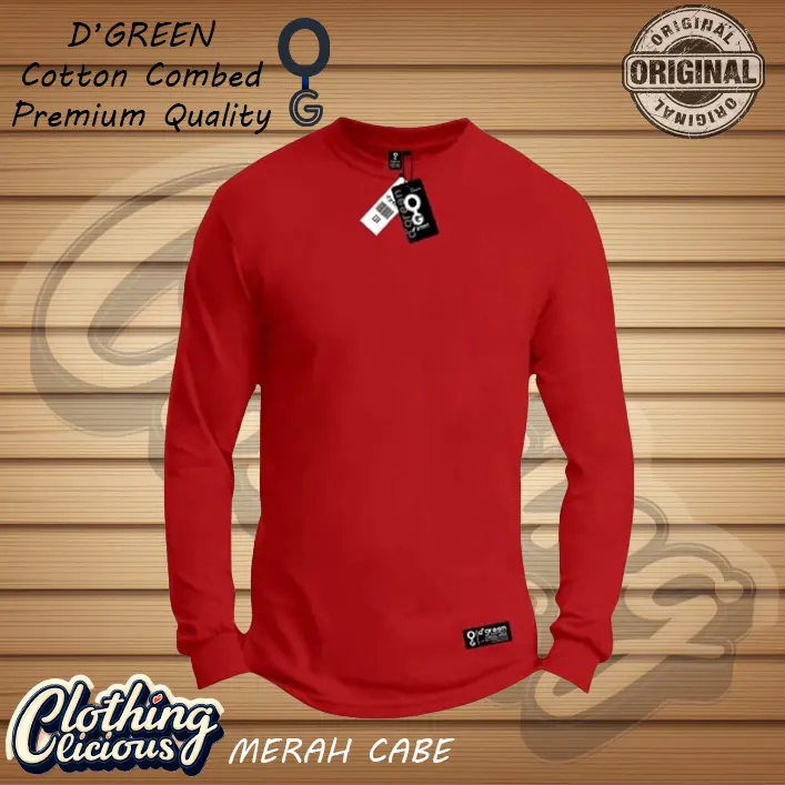 Baju Kaos Polos Lengan Panjang D'GREEN MERAH CABE Cotton Combed 30s 150gsm untuk Pria dan Wanita - Sablon Distro Katun