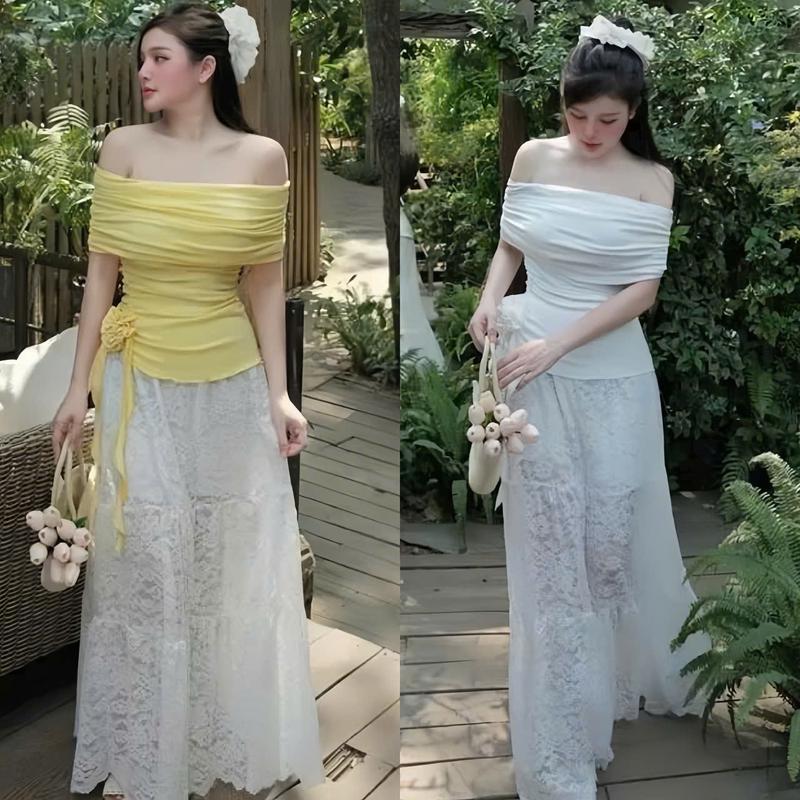 Set váy nữ thiết kế áo thun tăm trễ vai đính hoa mix chân váy ren hoa dáng dài sang chảnh tôn dáng cho các nàng đi chơi đi du lịch.women top