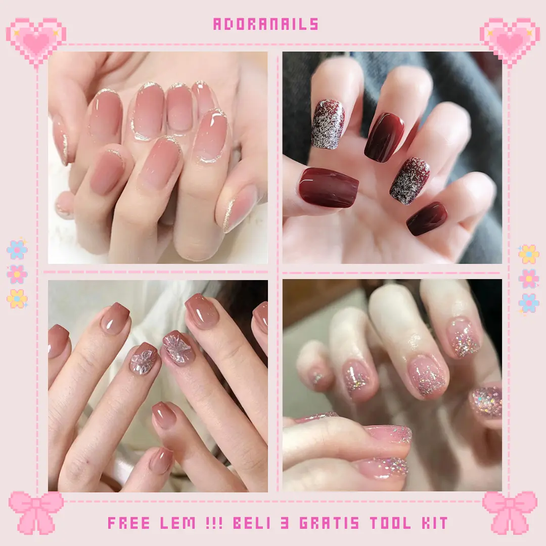 AdoraNails - [Koleksi 3] Kuku Palsu + LEM Cantik / Fake Nail / Nail Art 24 pcs Daily Elegan Maroon Cute untuk Wisuda / Wedding / Bridal / Party Manicure Set Stainless Steel Polish Cat Kutek