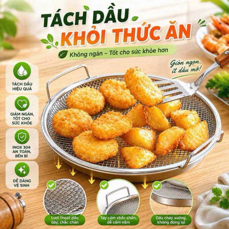 (Khay 20cm) Bộ Khay Kèm Vỉ Lưới Lọc Dầu, Chất Liệu Inox Cao Cấp, Khay Đựng Ráo Dầu Mỡ SZ 20cm