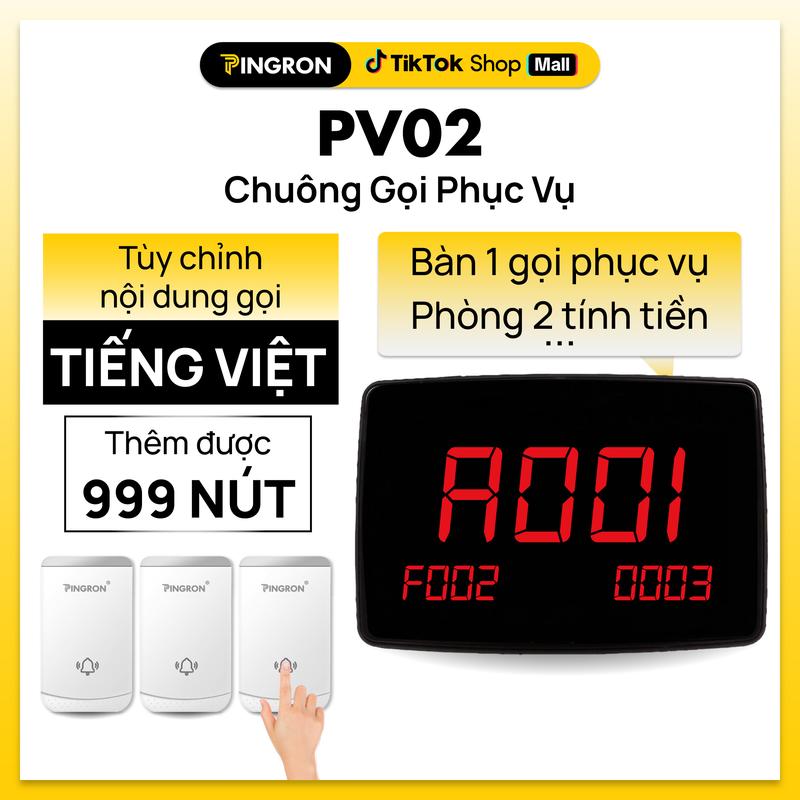 Pingron Chuông Gọi Phục Vụ PV02 Tiếng Việt Màn Hình Hiển Thị 3 Số Bàn Không Dây Kết Nối 9999 Nút Nhấn Dễ Lắp Đặt Và Sử Dụng Chuông Gọi Phục Vụ Tính Tiền Gọi Món
