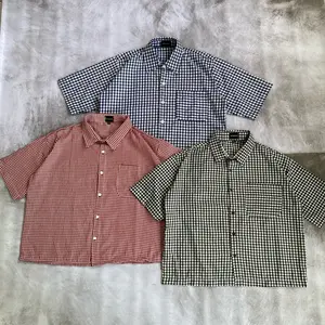 Kemeja Boxy Oversize Crop Unisex Pria Wanita Kotak Kotak Flanel