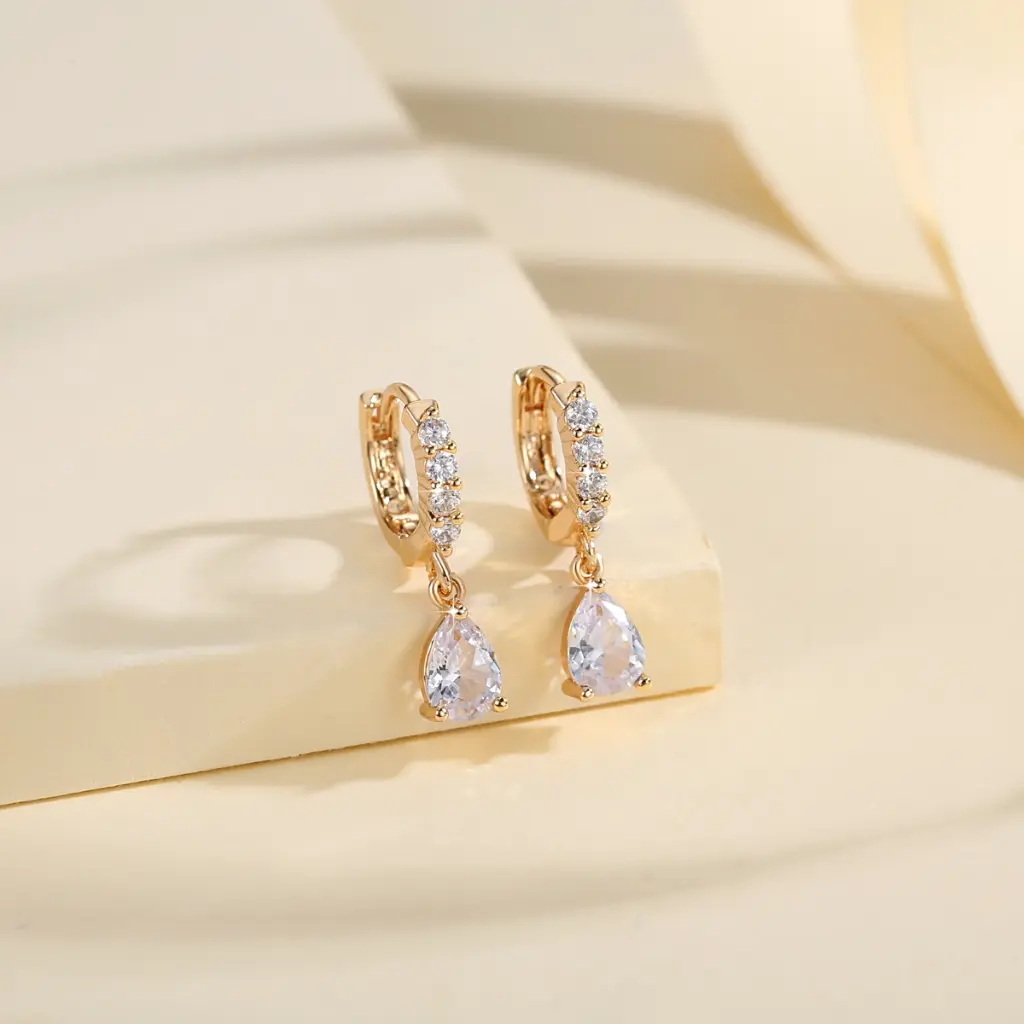 Anting clip titanium gold motif baris satu gandul mata perhiasan wanita anti karat Elegan Hadiah Earrings