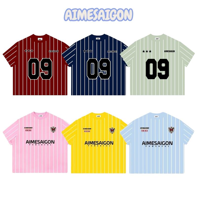 Ver1 Áo Thun Boxy AIMÉ Cotton 250gsm Cổ Tròn Nam Nữ " FULL SỌC SỐ 09 - CHỮ " Áo Phông Nữ Form Rộng Nữ Mùa Hè Kiểu Đẹp Nam Nữ